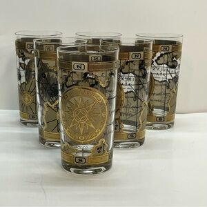 vintage cera caribbean‎ map highball glasses mcm barware 22k gold 5.5 inches 6